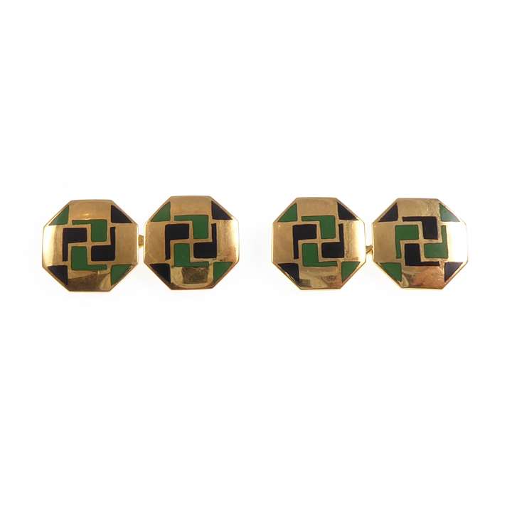 Pair of Art Deco gold, green and black enamel cufflinks, octagonal panels